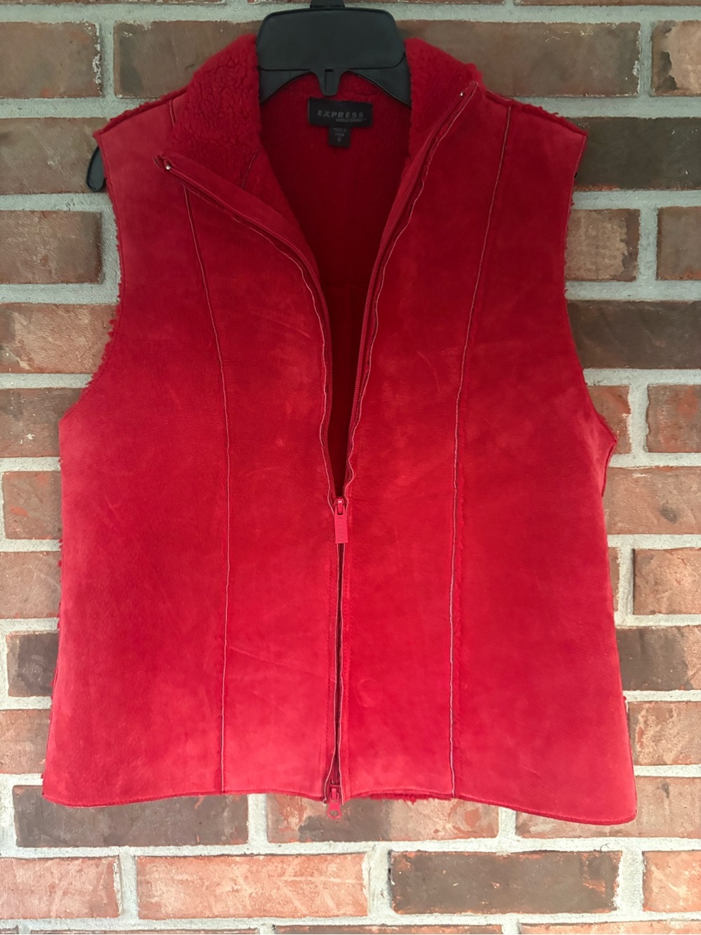 Express Red Leather Suede Zip Vest with Shearling Lining